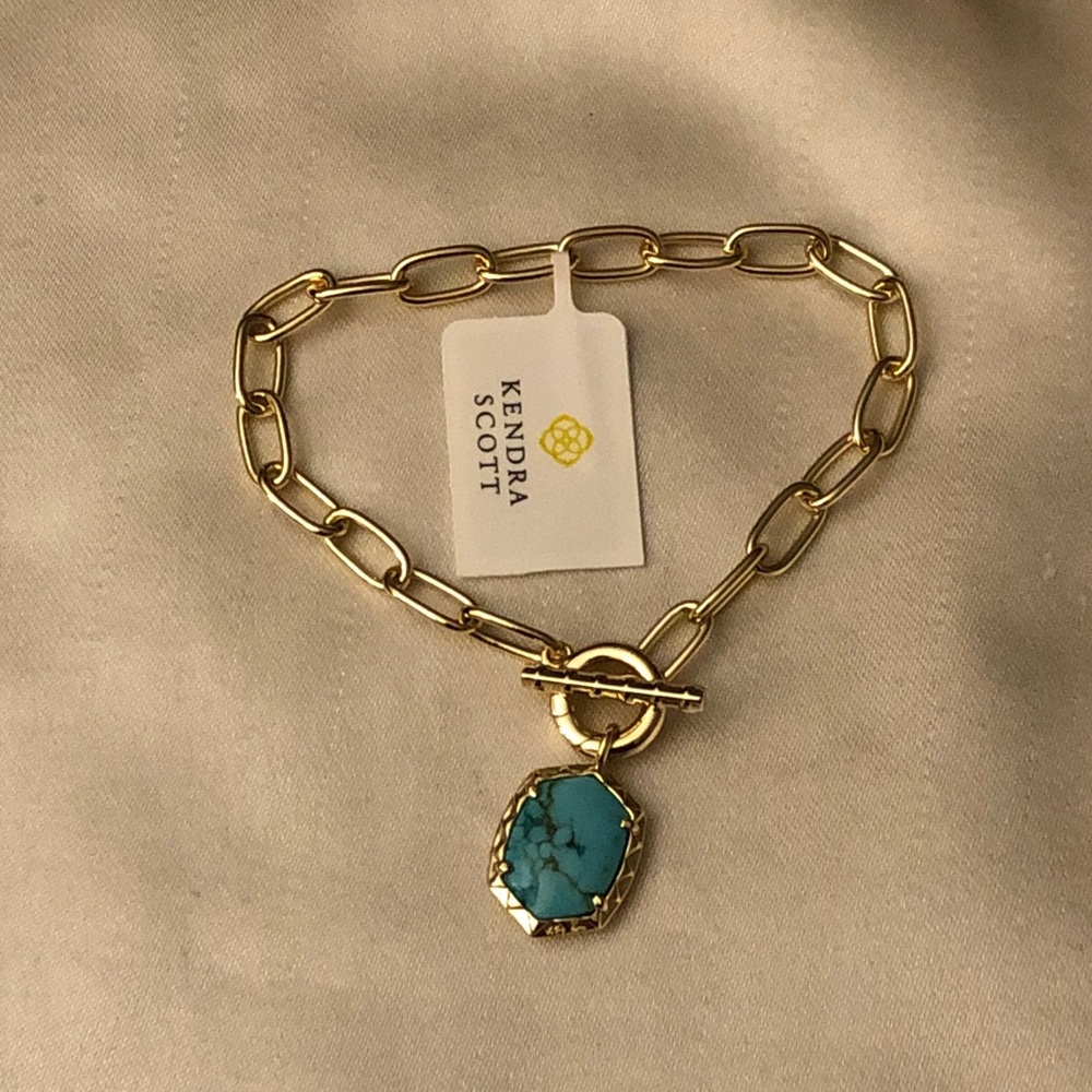 Kendra Scott Daphne Gold Tone Paper Clip Bracelet Variegated Turquoise Charm NWT - Picture 5 of 11